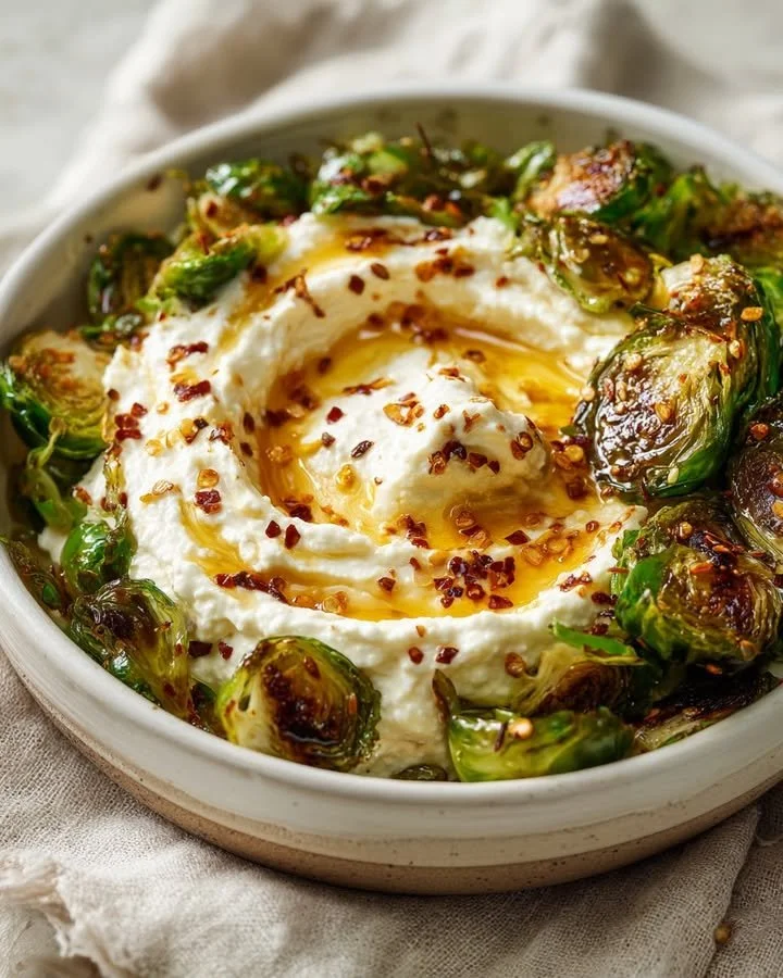 Hot Honey Whipped Feta served with Crispy Brussels Chips