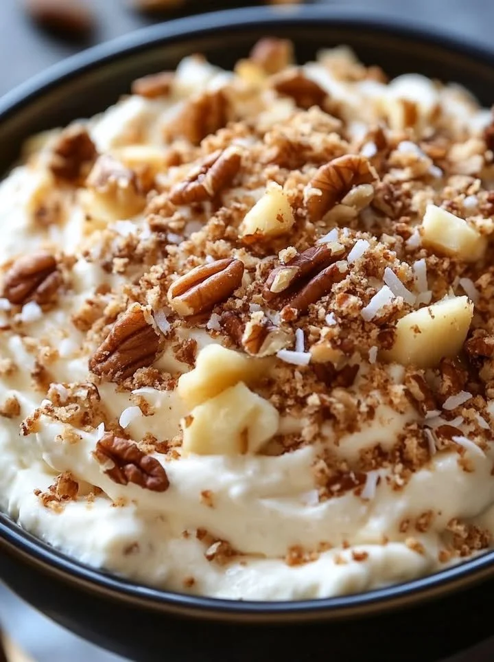 Hummingbird Cake Cottage Cheese Bowl topped with nuts and fruits
