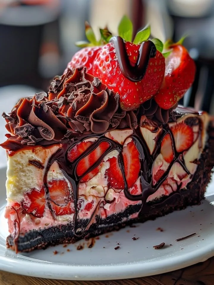 Slice of incredible chocolate strawberry cheesecake with fresh strawberries on top
