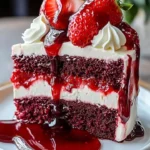 Indulgent red velvet strawberry cheesecake with rich cream cheese frosting.
