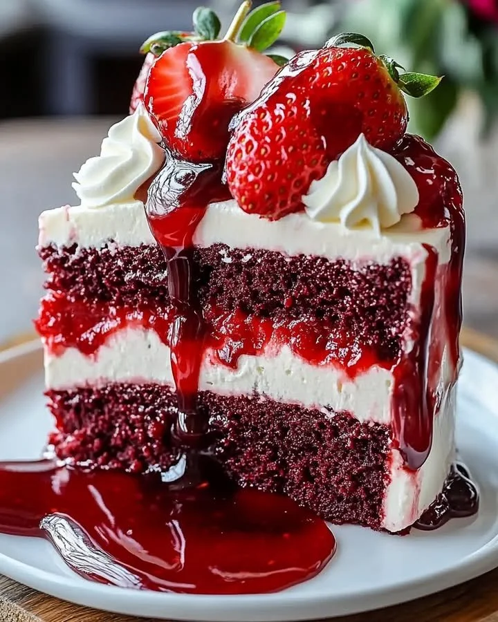 Indulgent red velvet strawberry cheesecake with rich cream cheese frosting.