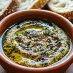 A bowl of olive oil bread dip served with fresh bread slices for dipping.