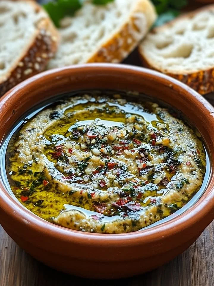 A bowl of olive oil bread dip served with fresh bread slices for dipping.