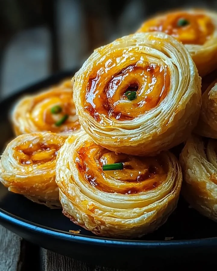 Plate of irresistible pepper jelly pinwheels, a colorful appetizer.