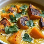 Bowl of irresistible red lentil dhal with coconut and sweet potato garnished with herbs