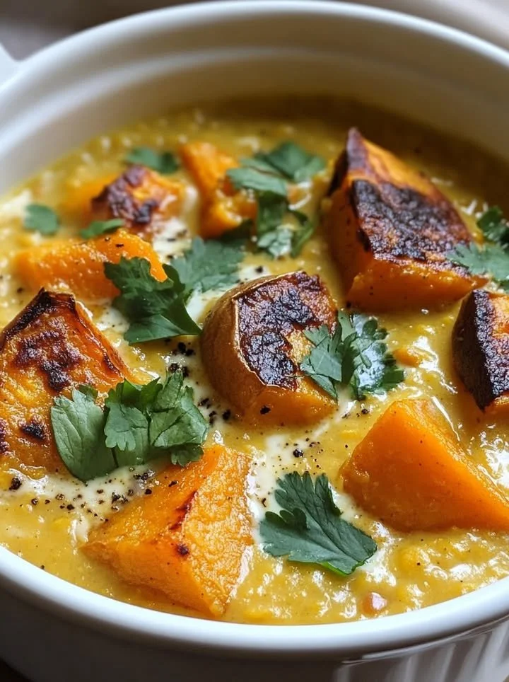 Bowl of irresistible red lentil dhal with coconut and sweet potato garnished with herbs