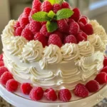 Delicious summer peach raspberry cake with fresh fruits and creamy frosting