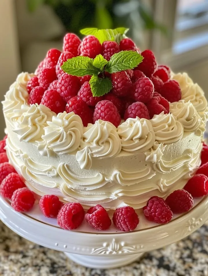 Delicious summer peach raspberry cake with fresh fruits and creamy frosting