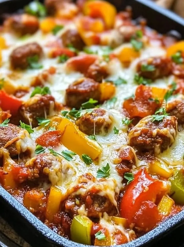Italian Sausage and Pepper Casserole with vibrant peppers and cheese topping