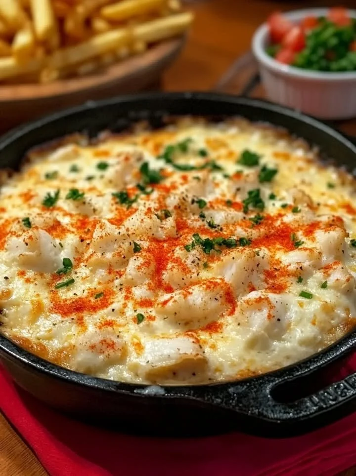 Delicious crab dip served at Joe's Crab Shack with seafood garnishes.
