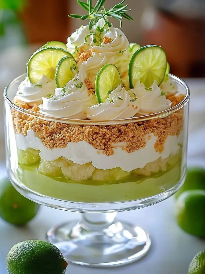 Delicious Key Lime Pie Trifle in a glass with lime garnish