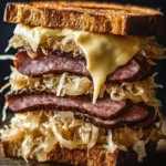 Delicious Kielbasa Reuben sandwich with sauerkraut and cheese
