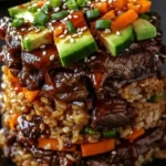 Korean BBQ Beef Rice Stack served with vibrant vegetables and savory sauces