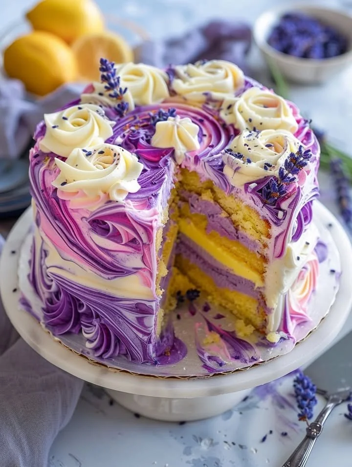 Lavender Lemon Cream Cake with White Chocolate Frosting garnished with lavender flowers