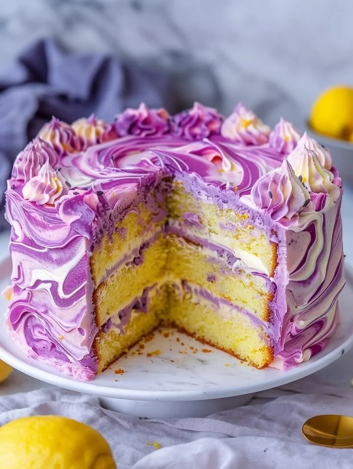 Lavender Lemon Cream Cake with White Chocolate Frosting on a decorative plate