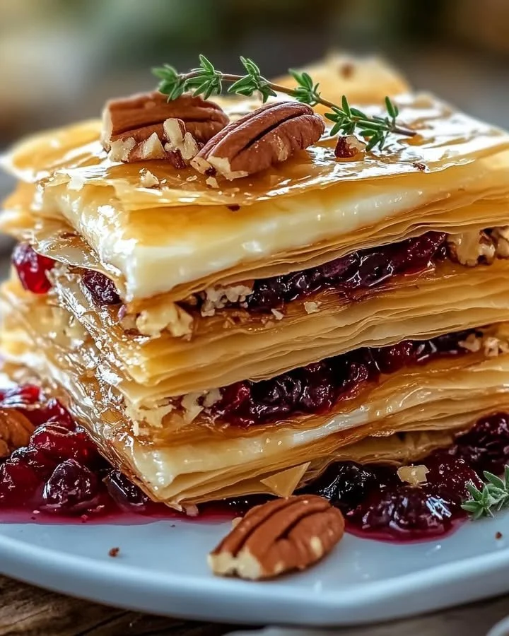 Layered phyllo pastry with brie cheese, cranberry sauce, and pecans