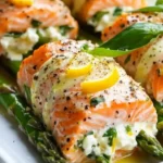 Lemon Basil Salmon Rolls garnished with fresh herbs on a plate
