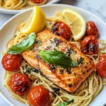 Lemon Basil Salmon served with roasted tomato pasta on a plate