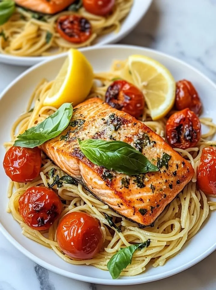 Lemon Basil Salmon served with roasted tomato pasta on a plate