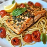 Lemon Basil Salmon served with roasted tomato pasta, garnished with fresh herbs.