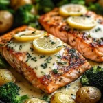 Lemon Butter Salmon served with crispy potatoes and broccoli on a plate