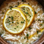 Bowl of lemon chicken soup with rice and fresh herbs