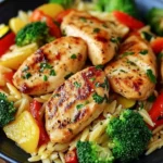 Lemon Chicken with Veggie Orzo Stir Fry served in a bowl.