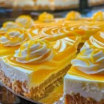 Slice of Lemon Mango Swirl Cheesecake with vibrant fruit swirls