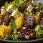 Lemon and pistachio roasted beet salad, colorful and healthy dish