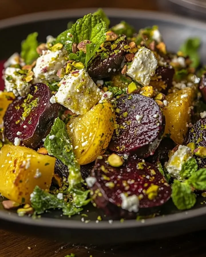 Lemon and pistachio roasted beet salad, colorful and healthy dish