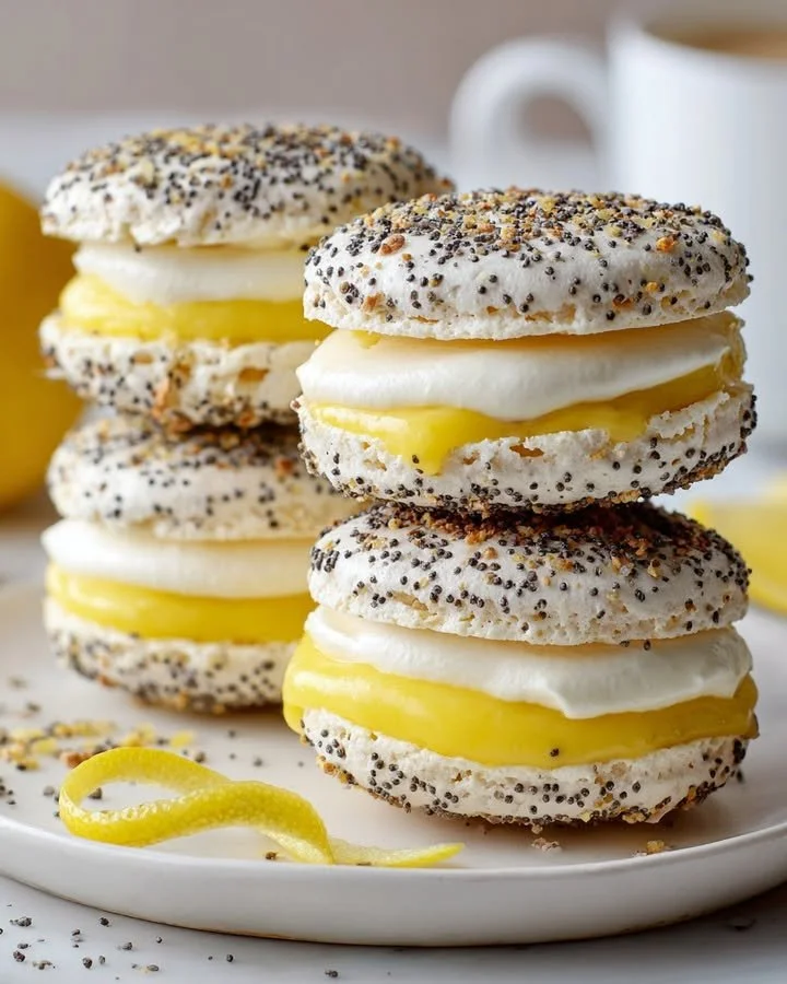Lemon and poppy seed meringue sandwiches on a decorative plate