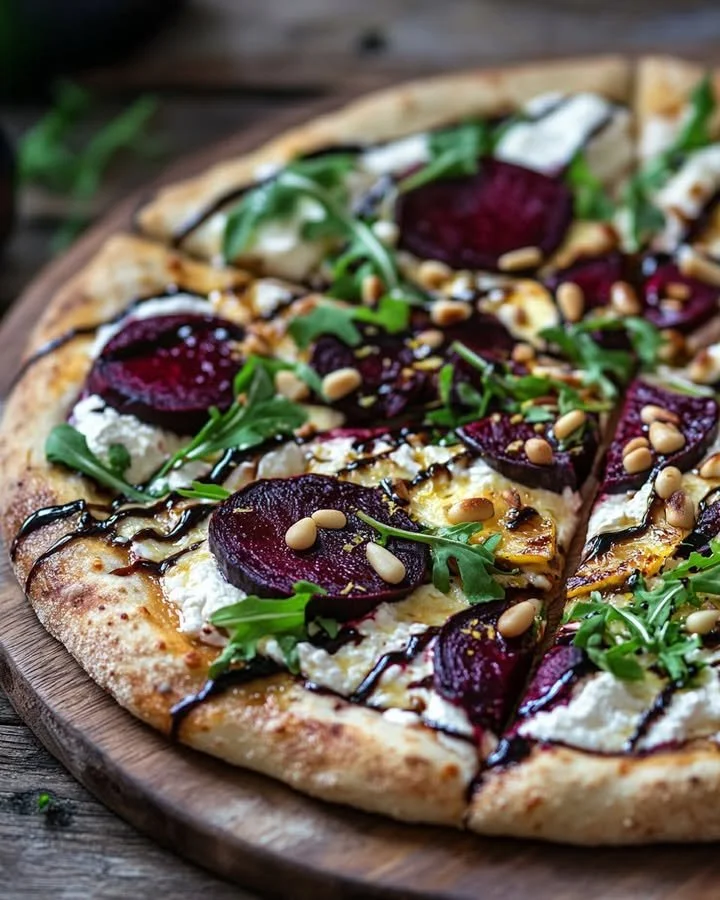 Lemon and roasted beet ricotta pizza topped with fresh herbs