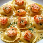 Delicious lobster ravioli in zesty lemon butter sauce served in a elegant dish