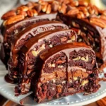 Luscious chocolate pecan cake topped with chocolate frosting and pecans