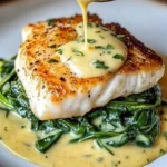 Lemon-garlic sea bass served with creamed spinach on a plate