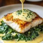 Lemon-garlic sea bass served with creamed spinach on a plate