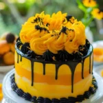 Luscious Lemon Mango Swirl Cheesecake with vibrant mango and lemon topping