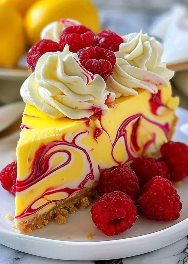 Slice of luscious lemon raspberry swirl cheesecake with raspberry garnish