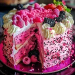 Luscious pink dragon fruit layer cake decorated with fresh fruit and cream