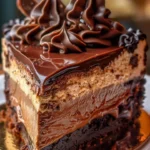Luxurious triple chocolate cheesecake with caramel swirls