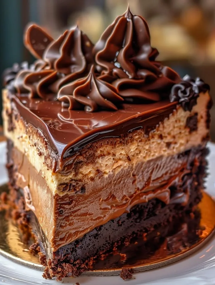Luxurious triple chocolate cheesecake with caramel swirls