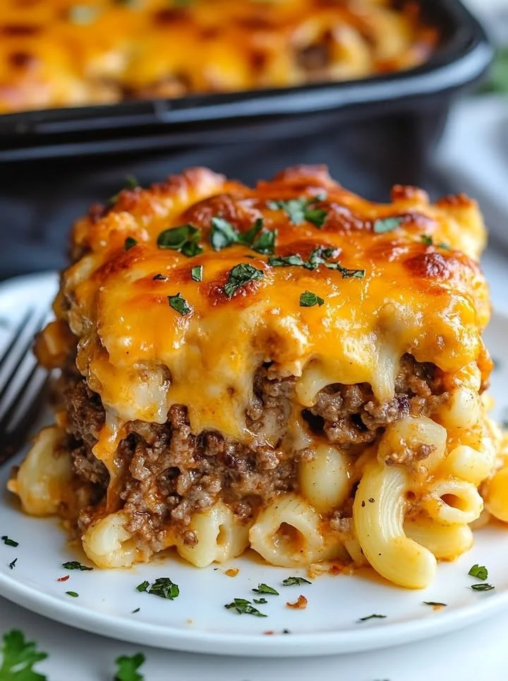 Mac and Cheese Meatloaf Casserole served in a dish, garnished and ready to eat