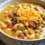 A warm bowl of Macaroni Cheeseburger Soup topped with cheese and herbs.