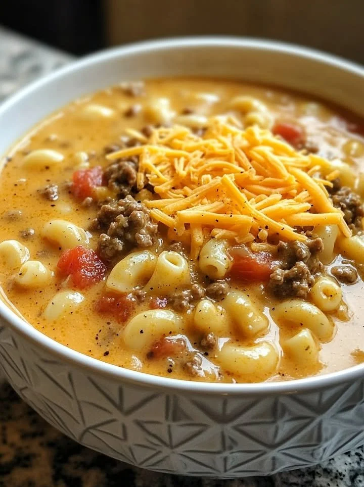 A warm bowl of Macaroni Cheeseburger Soup topped with cheese and herbs.