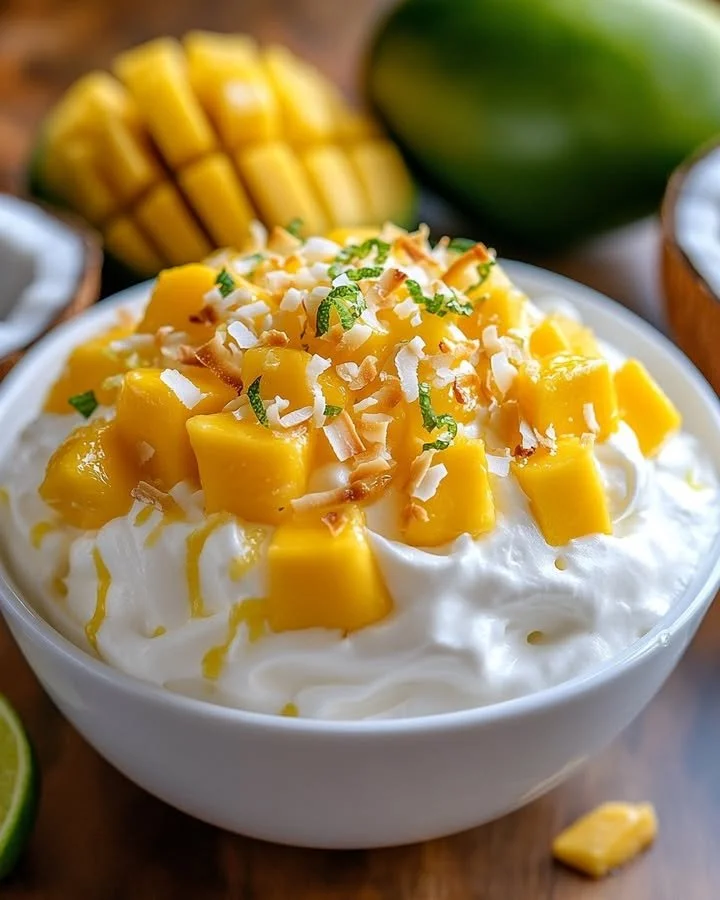 Delicious Mango Coconut Cream Delight served in a bowl with fresh mango slices