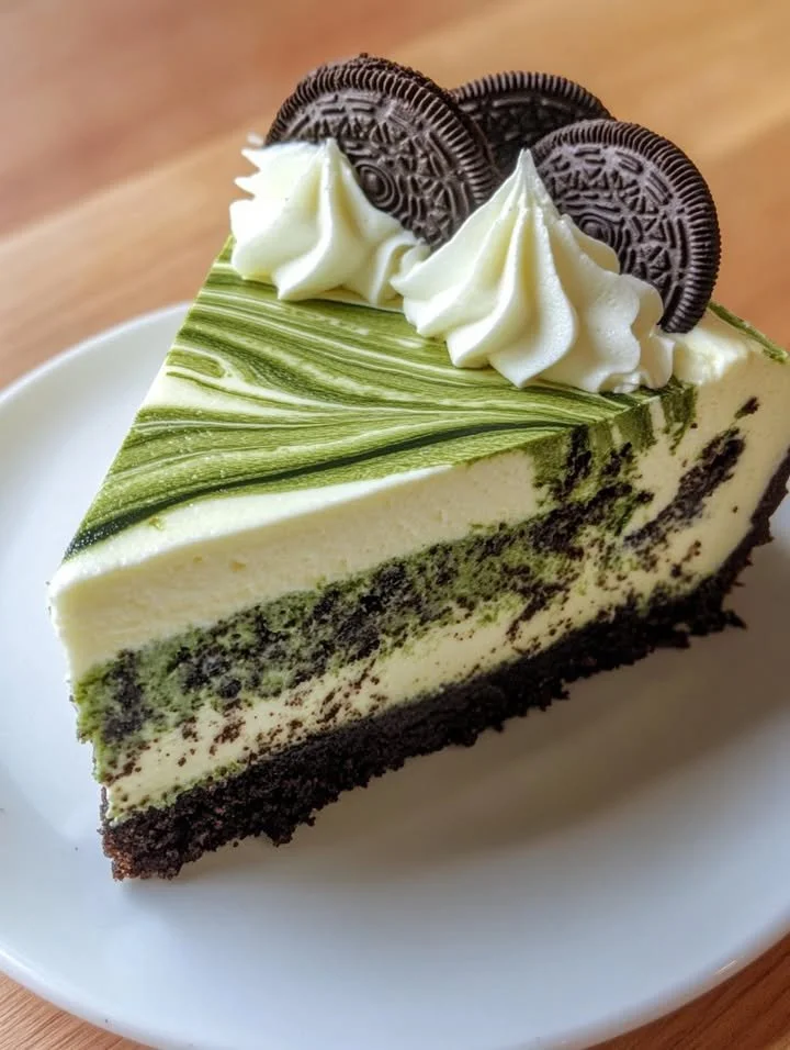 Slice of Matcha Oreo Swirl Cheesecake with a green tea swirl and Oreo crust