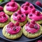 Matcha Raspberry Dream Cookies with fresh raspberries and vibrant matcha powder