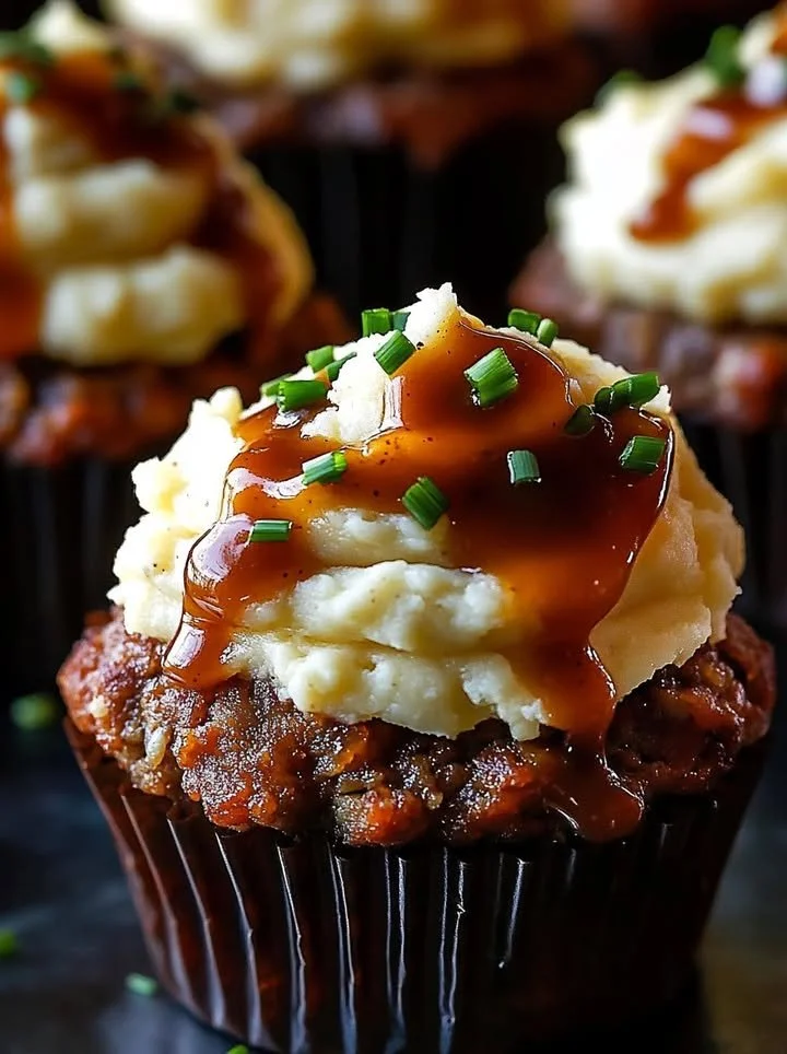 Delicious meatloaf cupcakes topped with fluffy whipped potato frosting.