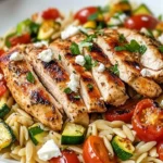 Mediterranean Chicken and Orzo Skillet prepared in a pan with vibrant vegetables