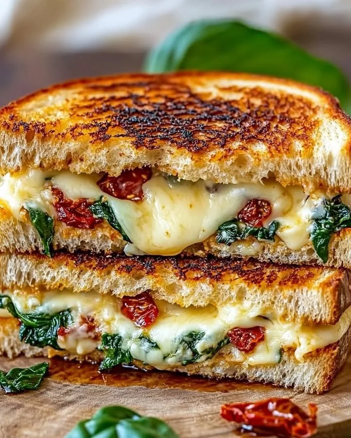 Mediterranean grilled cheese sandwich with olives, tomatoes, and herbs.